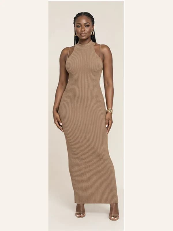 Efua knit column dress, Taupe, full view