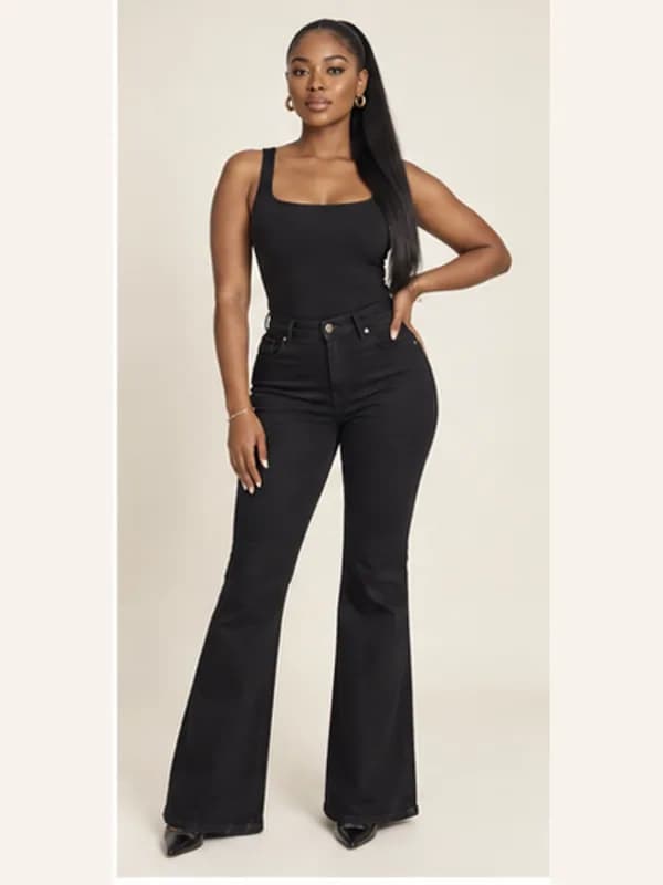 Achimota black flare jeans, Washed black, full view