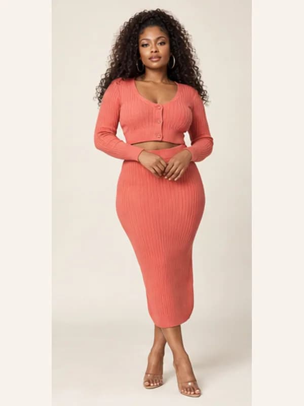 Sika coral knit skirt set, Coral, full view