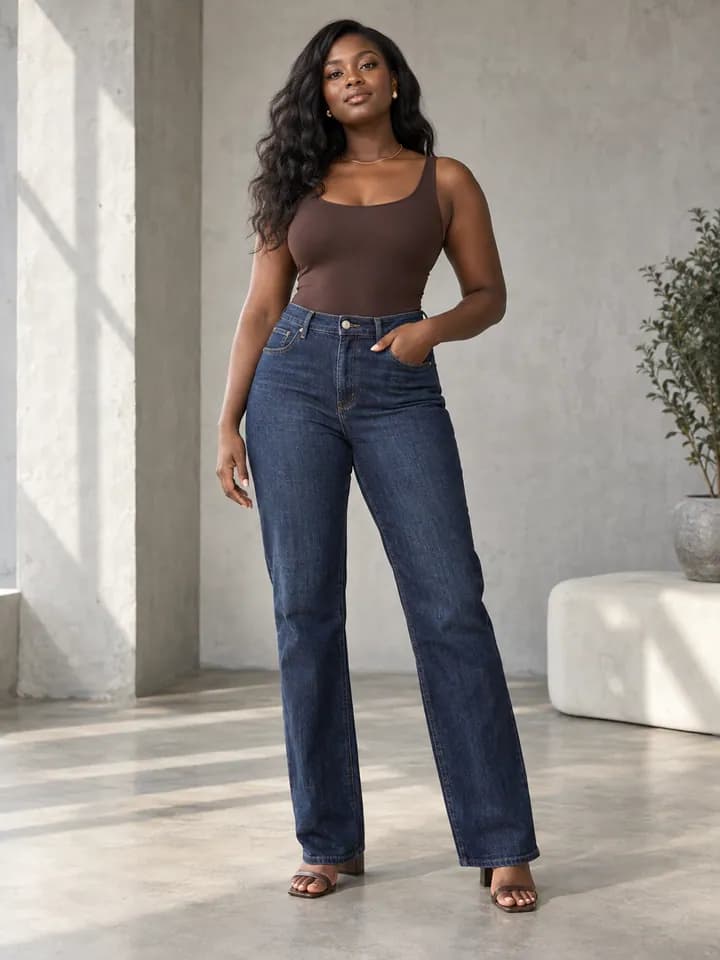 Woman wearing dark indigo straight-leg jeans