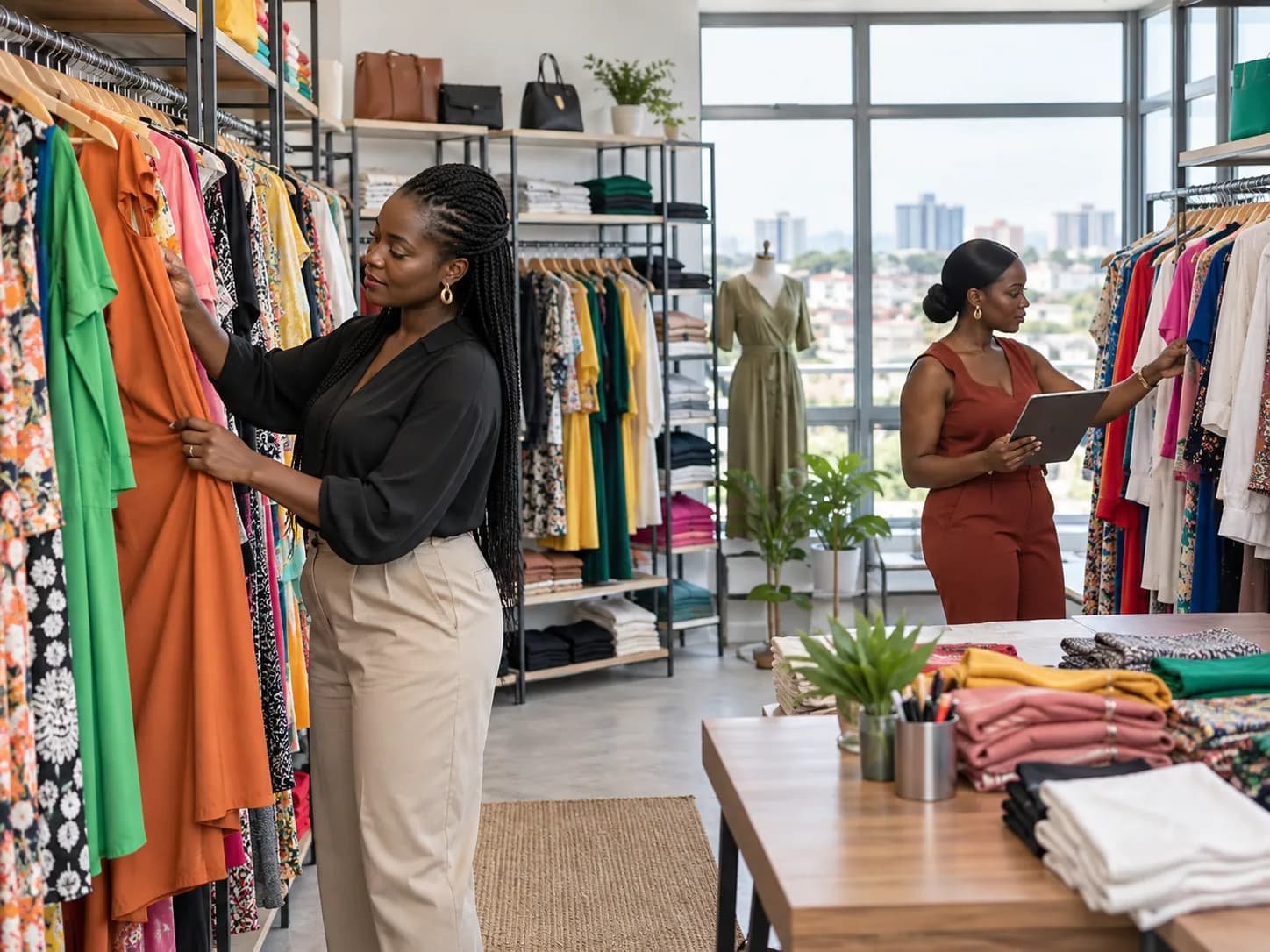 Fashion stockroom team checking colourful clothing inventory
