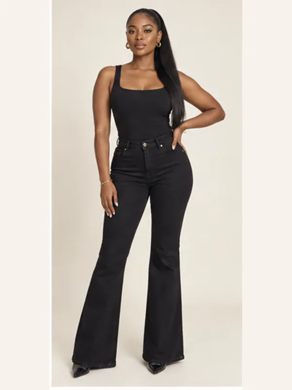 Achimota black flare jeans, Washed black, full view
